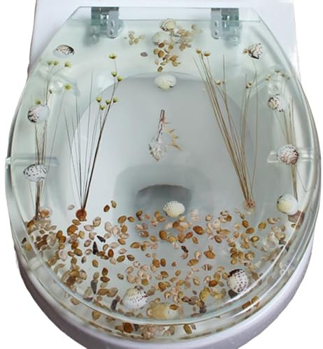 WUCIOA Transparent Resin Toilet Seat, Modern Resin Toilet Seat with Shells & Dried Flowers, Mute Close, Strong Hinge, Quick Release Round Slow Close Clear Resin Toilet Seat for U/V Type Toilet