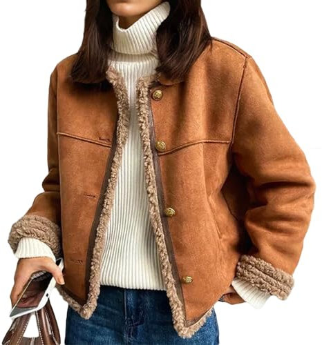 Veste en Peau De Mouton Boutonnée, Manteau en Faux Daim pour Femme, Veste d'hiver en Faux Daim Boutonnée sans Col, Doublée De Polaire Sherpa (Marron,M)