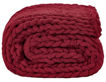 Care Spring Chunky Knit Blanket Throw, Soft Chenille Yarn Knitted Throw Blanket, Thick Cable Knit Blanket Weighted Throw, Large Rope Knot Crochet Throw Blankets for Bed, Sofa,Red,100X100cm
