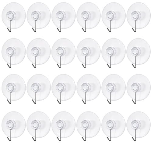 Ouligay 24Pcs Suction Cup Hooks Window Suction Hooks for Hanging Bathroom Window Suckers 4cm Clear PVC with Metal Hooks