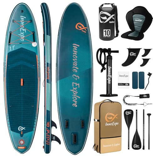 InnoExpo 11' Aufblasbare Stand Up Paddle Boards mit Premium Zubehör, Breites Stabiles SUP Paddle Board Design, Rutschfestes Komfort-Deck für Jugendliche & Erwachsene