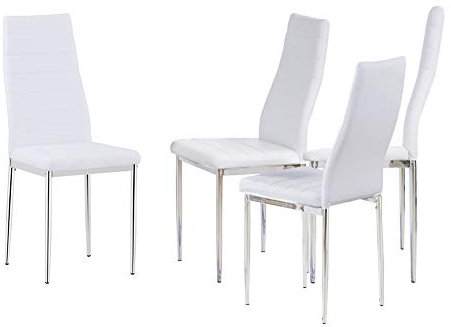 GOLDFAN Lot de 4 Chaises de Salle à Manger, Design Moderne, Similicuir Blanc, Pieds Chromés