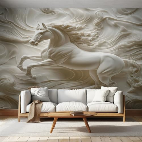 Photo Wallpaper Horse Relief White, Wall Mural Galloping Horse, Decor Poster Picture Design Murals Wall Art for Living Room Bedroom 150cmx105cm
