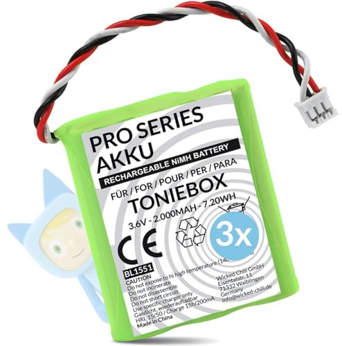 Wicked Chili Pro Series Ersatzakku 3X Akku für Toniebox, 50AA5S Pro Series Ersatz-Akku Batterie für original Tonies Musikbox (Inkl. Schaumstoff Pad, 2.000 mAh NiMH Akku 3,6V)