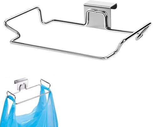 Hanging Trash Bag Holder, Stainless Steel Garbage Bag Hanger for Kitchen Cupboard, Over Door Rubbish Bag Holder, Practical Under Counter Waste Bin Organizer for Cabinets and Inside Cupboard Storage