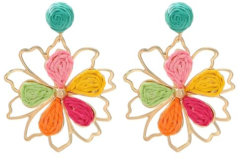 Niedliche Raffia Blumen Ohrringe Elegante Boho Handmade Floralschmuck Sommertropische Strandgeschenke (Multi)