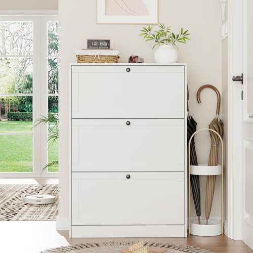 VOWNER Zapatero Estrecho, Zapatero 3 Puertas, Zapatero Entrada Recibidor, 80 x 30 x 117 cm (Largo x Ancho x Alto), Zapatero Madera, para Entrada Estrecha, Pasillo (Blanc)