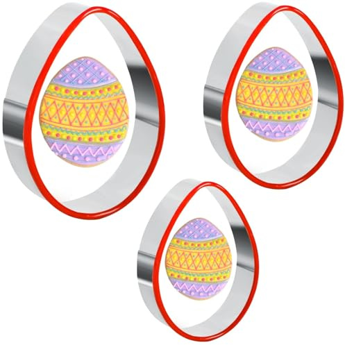 Osterei Ausstechformen, 3 Stück Edelstahl mit Silikonrand | 3 Eierformen als Plätzchenausstecher für Fondant, Teig und Ostergebäck