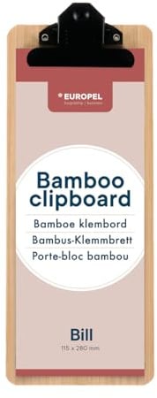 EUROPEL Klemmbrett aus Bambusholz – Robuste Hartfaserplatte mit schwarzem Metallclip und verdecktem Loch zum Aufhängen – Mini-/Rechnungsklemmbrett und Papiertafel für z.B. Schule, Restaurant