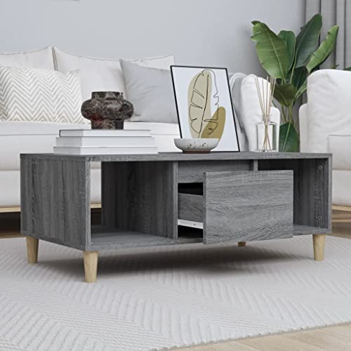 QJBSAVVA Couchtisch Grau Sonoma 90x50x36,5 cm aus Holzwerkstoff und Massivholz Eukalyptus Modernes Design mit Stauraum und Schublade Robuste Tischplatte für Living Room Bedroom Corridor