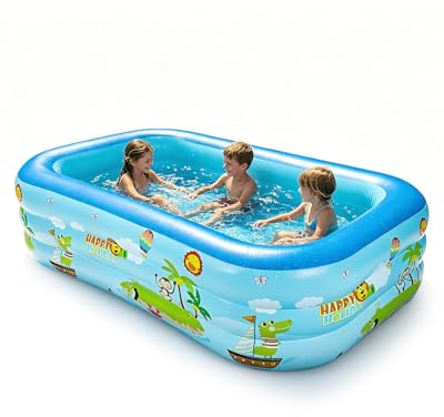 Inflatable Paddling Pool for Kids, 2.1M 3 Layer Large Rectangular Paddling Pool with Repair Patch, Anti Slip, Easy to Inflate & Storage Swimming Pool for Kids, for Indoor, Outdoor, Garden