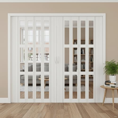 Kgfvesdc Puertas Correderas Plegables Pvc,Puerta Plegable De Interior En Kit De Pvc Blanco【W×H:70×203cm】Separador De Ambientes Corredizo,De Pvc Con Cristales Transparentes, Para Gabinete, Armario