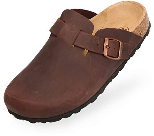 BOnova Wesel: Lederpantoffel dunkelbraun in Größe 38. Hausschuhe aus Echtleder (Nubuk), mit Kork-Fußbett, hergestellt in der EU.