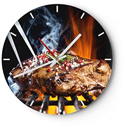 Modern Wanduhr Steak Grill Flammen Essen 40x40cm Rund Groß Wand Uhr Glas Analog Zimmeruhren Küche Büro Wohnzimmer Glasuhr Wall Clock Dekoration Design Wanddekoration Küchenuhr C3AR40x40-2865