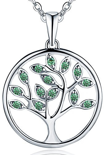 JO WISDOM Tree of Life Necklace,925 Sterling Silver AAA Cubic Zirconia May Birthstone Emerald Color Family Tree Pendant Necklace,Jewellery for Women