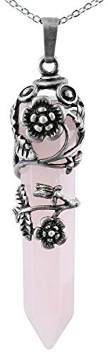 KYEYGWO Heilstein Punkt Anhänger Halskette für Damen und Herren, Hexagon Versilbertes Reiki Chakra Poliertes Steinpendel für Unisex, Rosenquarz Silber Floral