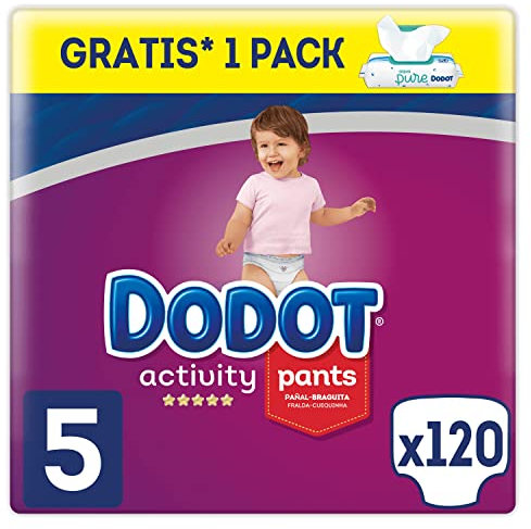 Dodot Babywindeln Activity Pants Größe 5 (12-17 kg), 120 Windeln + 1 Pack mit 48 Tüchern, Aqua Pure, Monatspackung