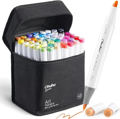Ohuhu Marker Stifte Set, Pinsel Marker Stift mit 48 Farben Doppelseitige Farbspitz Chisel Brush Alkoholmarker für Comics Manga Pinsel Tip zum Skizzieren Kalligraphieren Zeichnen
