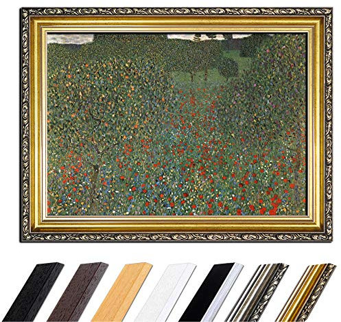 Bild mit Rahmen - Gustav Klimt Mohnfeld 80x60 cm - Gerahmtes Leinwandbild Alte Meister - Antiker Rahmen Gold Barock, Klassisch