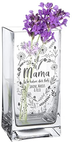 Blumenvase für Mama mit persönlicher Gravur: Das perfekte Muttertagsgeschenk, Für die Beste Mama der Welt: Wir haben Dich lieb, Personalisiert mit Namen, Glasvase für Blumen, Deko-Vase zum Muttertag