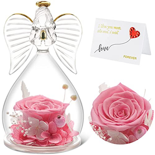 Infinity Roses Ange Figurine d'anniversaire pour femme Rose éternelle Originale dans un verre Cadeaux pour la mère et grand-mère Noël, fête des mères