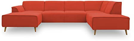 DOMO. collection Wohnlandschaft Jules FK, skandinavisches Sofa mit Federkern, Couch in U-Form mit Holzfüßen, 333 x 191 x 81 cm (BxTxH), Longchair links, orange