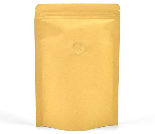 50 Coffee Beans Stand Up Pouch Bag with One-Way Degassing Valve and Zip Lock | 130x210x40mm (250g Coffee Beans), Kraft (Windowless)