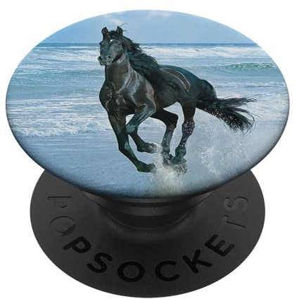 Schwarz Pferd, Strand, Wild, Pferd Hengst PopSockets Klebender PopGrip