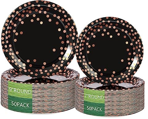 Round Disposable Paper Plates 100 PackBlack and Rose Gold Dots Paper Plates 50 x 9 and 50 x 7 Dinner Plates, Foil Polka Dots Paper Plates Black and Rose Gold Party Supplies Plates for All Occasions