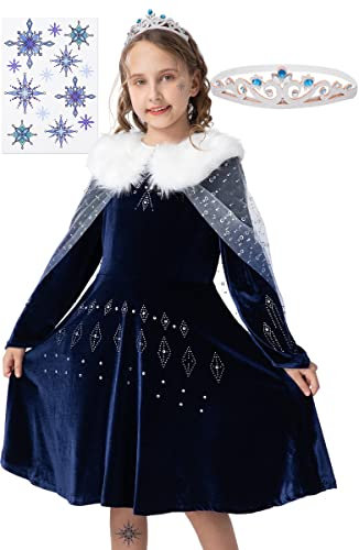 corimori Elastisches Eiskönigin Kostüm Kleid für Elsa Fans | mit Tattoos & Diadem | Prinzessinenkleid für Fasching | dunkel-blau, Größe 140/146