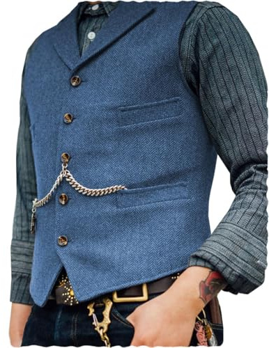 AeoTeokey Classic Mens Wool Tweed Suit Vest Casual Sleeveless Jacket Herringbone Waistcoat for Tuxedos(XS,Blue)