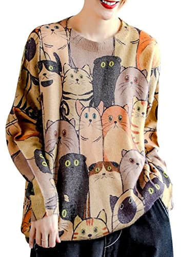 Janein Damen Pullover Oversize Lang Strickpullover Herbst Winter Rundhals Sweater mit Blumenmuster Weihnachtspullover M S01DE CR63