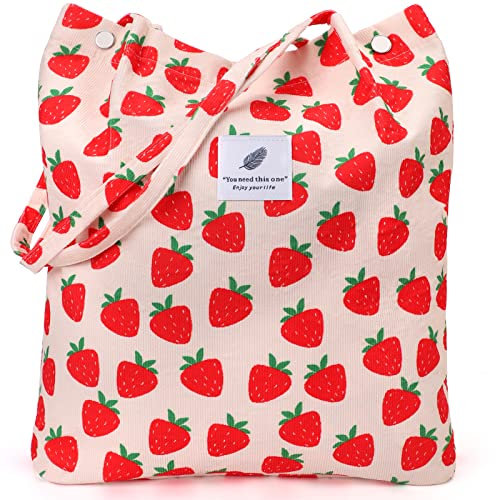 LHMTQVK Corduroy Tote Bags for Women, Large Capacity Corduroy Bag Reusable Grocery Shoulder Bag with Inner Pockets(Strawberry)