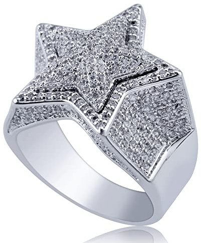 Myshiwu Pentagramm Iced Out Ring Luxus Hip-Hop Star Siegel Ring für Männer Geschenk Schmuck（Silber, Ring Größe 60