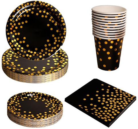 Box and Tree| 80 Pièces D'assiettes en Papier Jetables Noir Or,Vaisselle de Fête Papier Assiette Serviette Gobete et Couverts en bois Pour Anniversaire Mariage Décoration pour 20 Invités