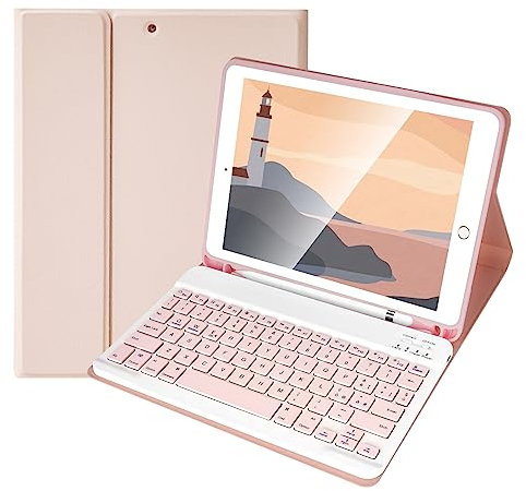 SOPPY Custodia Italiana Tastiera per iPad 9a/ 8a/ 7a Generazione/iPad Pro/Air 3a 10.5, Wireless Tastiera Staccabile, con Slot per Penna Stilo, Layout Italian - Rosa
