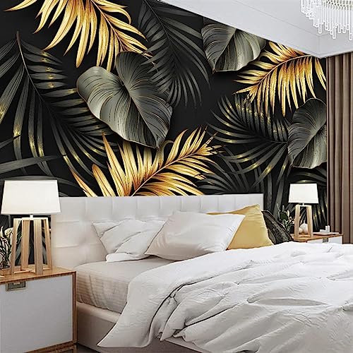 GIVLWF Papier Peint Panoramique de Plantes Dorées Et Noires 3D, Simplicité Mode Luxe Poster Murale Intissé - pour Chambre Salon Décoration Murale - 300 x 210 cm