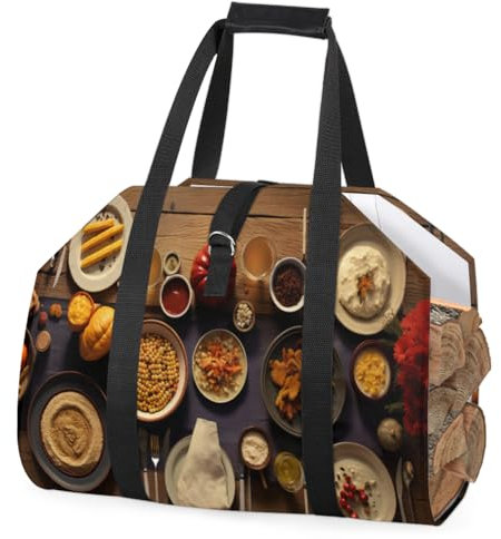 cfpolar Différents aliments sur une table en bois - Porte-bûches avec poignée - Grande capacité - Sac de rangement pour bois de chauffage - Sac de transport pour bois de cheminée - Accessoires pour le