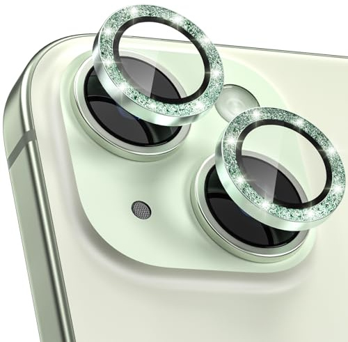 CloudValley für iPhone 15 /iPhone 15 Plus Kameraschutz, Militärstandard Kratzfest Schutz Folie 9H Härte Ultra-Klar, Blasenfrei Panzer Glas Kamera Screen Protector, Glitzer Grün