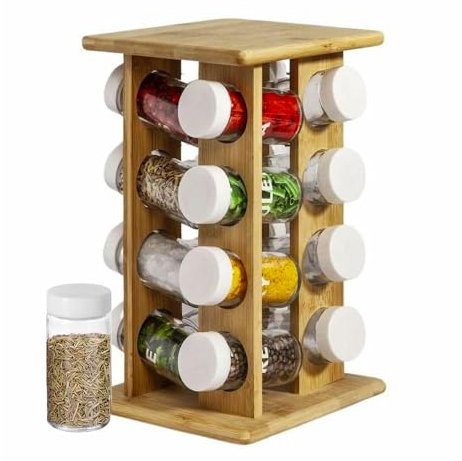 Avilia Organizzatore Portaspezie su Base Girevole - Set da Cucina con 16 Vasetti in Vetro e Bambù | Portaspezie Salvaspazio con Base Girevole a 360° | Organizer Spezie con Design Elegante
