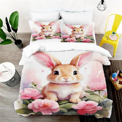 WEQEER Hasen Blumen bettwäsche 135x200 3D Ostereier Ostern Microfaser Bettbezug Frühling Saisonnal Kinderbettwäsche für Mädchen Und Jungen (9,Single 135x200CM)