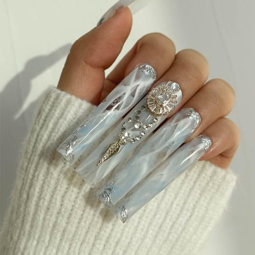 Real Gel Handmade Glossy Luxury Marbled Diamond Press On Nails Square Coffin Fake Nails With Designs Glossy False Nails for Women and Girls (Marble-XS)