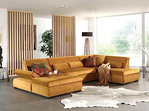 Lisa Design Vermont – Panorama-Ecksofa in U-Form – XXL – aus Velours – rechts Gelb
