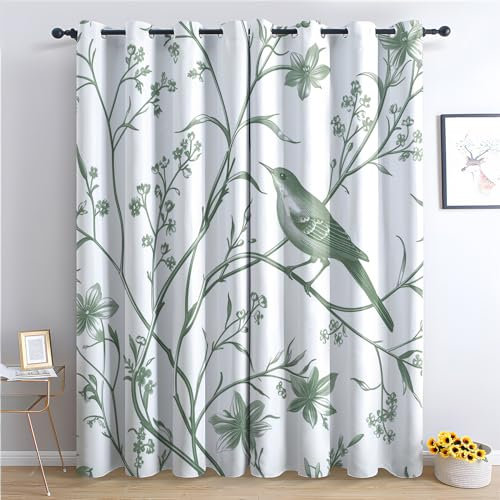 Rideau Occultant Chinoise Verte, Rideau Isolant Thermique pour Salon Chambre, Rideaux Motif Fleurs Oiseaux, Rideau Opaque à Oeillets, Lot de 2 Rideaux et Draperies Intérieur 140x200cm LxH (IQ-&184)