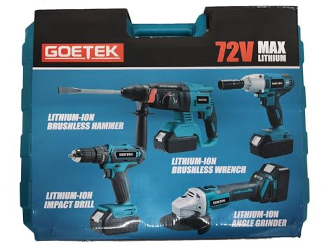 kit 4in1 GEOTEK trapano avvitatore, svita bulloni a impulsi, smerigliatrice, trapano tassellatore, 2 batterie con valigia e caricabatteria