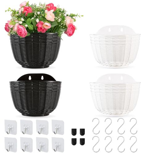 MOAMUN 4 Macetas Colgantes Exterior con Drenaje y 16 Ganchos, Semicírculo Maceteros Exterior Durable para Balcón Valla Jardín Interior Decoración (Blanco Negro)