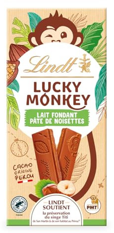 Lindt - Tablette LUCKY MONKEY Lait Fondant Pâte de Noisettes - Chocolat au Lait, 100g