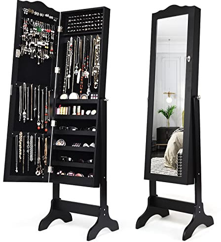 COSTWAY Schmuckschrank, Schmuckregal abschließbar, Schmuck Spiegelschrank mit Ganzkörperspiegel für Make-up, neigungsverstellbar (Schwarz)