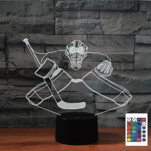 FLRXHK Eishockey-Torwart 3D-Illusions-Nachtlicht, Touch-Tischlampe mit Fernbedienung, 16 Farben, optisches USB-LED-Nachtlicht für Kinder, Geschenk, Raumdekoration