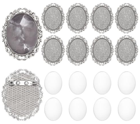 PH PandaHall 10 Sets Brosche Cabochon Vintage Oval Cabochon Lünette Antike Silber Foto Brosche Blank Lünette mit klarem Glas Cabochon Dome Memorial Photo Pins für Schmuckherstellung DIY 51x40 mm